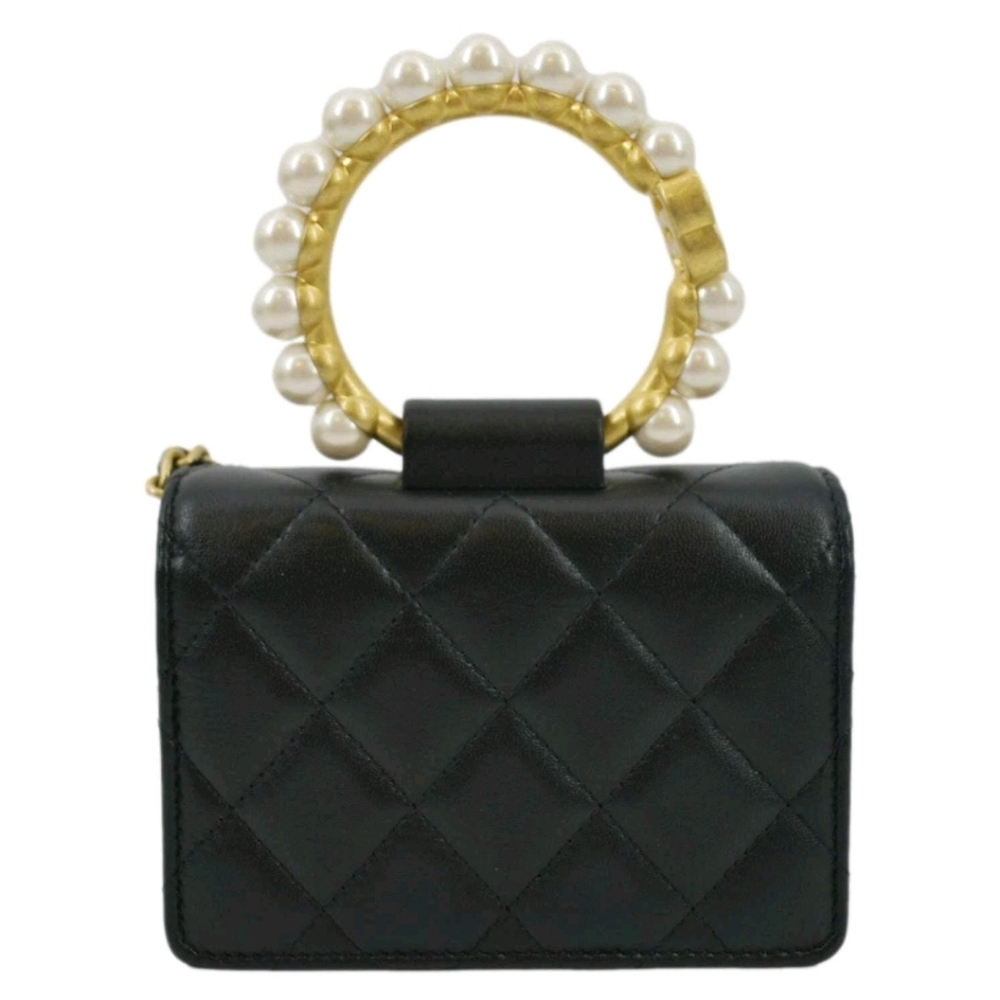 NWOT Chanel Mini Calf Leather Pearl Top Handle Card Holder Crossbody Bag Black - Picture 2 of 5